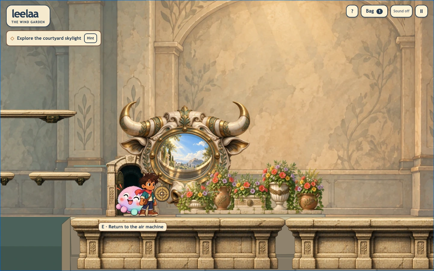 Actual Wind Garden prototype gameplay: a child and Wompy stand beside an opened bull-shaped skylight and flowering garden, with movement and inventory controls.