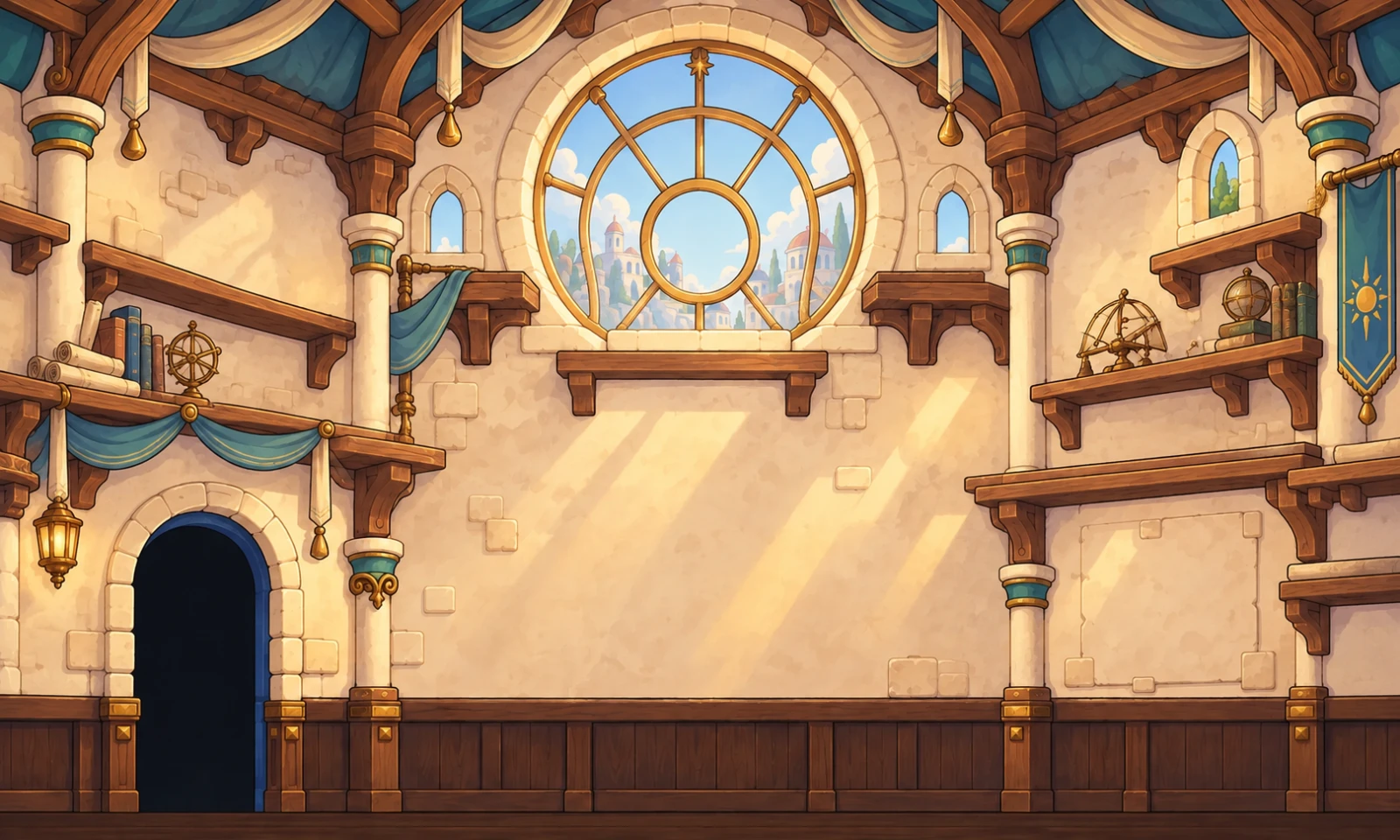 Game environment artwork: the sunlit workshop where the Harmony Box adventure begins.